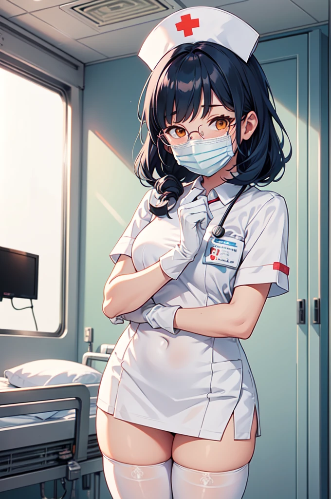 1woman, solo, nurse, white nurse cap, white nurse uniform, ((white legwear, zettai ryouiki)), white gloves, glasses, blue hair, orange eyes, ((white surgical mask, covered nose)), standing, ((hospital room)), sharp outline, short sleeves, mature female, 35 years old, best quality, masterpiece