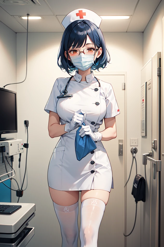 1woman, solo, nurse, white nurse cap, white nurse uniform, ((white legwear, zettai ryouiki)), white gloves, glasses, blue hair, orange eyes, ((white surgical mask, covered nose)), standing, ((hospital room)), sharp outline, short sleeves, mature female, 35 years old, best quality, masterpiece