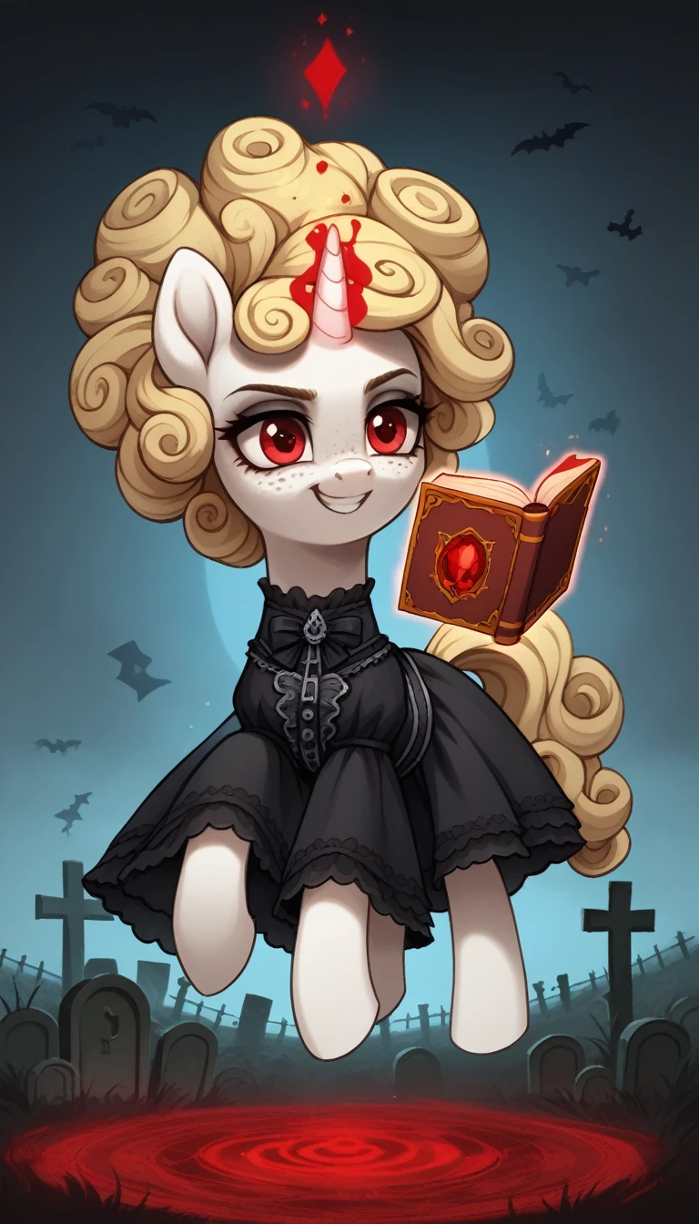 score_9,score_8_up,score_7_up,score_6_up, filly, unicorn, white fur, curly blonde hair, freckles, red eyes, Gothic pony, lolita fashion, glowing backlight, fashion show, graveyard scene, glitter, whimsical, enchanted, magical, fantasy art concept, intricate details, insane smile, blood splatter on face, floating, holding spell book, glowing horn, 
