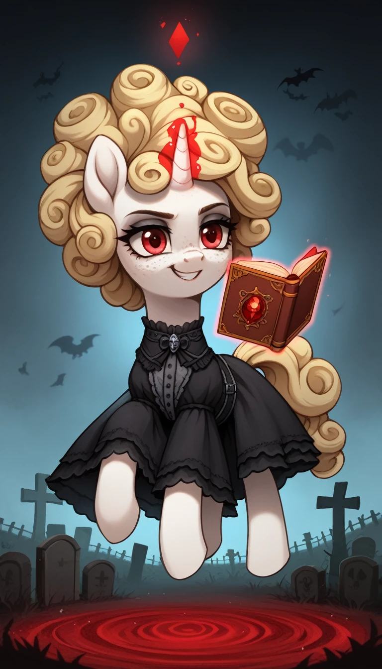 score_9,score_8_up,score_7_up,score_6_up, filly, unicorn, white fur, curly blonde hair, freckles, red eyes, Gothic pony, lolita fashion, glowing backlight, fashion show, graveyard scene, glitter, whimsical, enchanted, magical, fantasy art concept, intricate details, insane smile, blood splatter on face, floating, holding spell book, glowing horn,