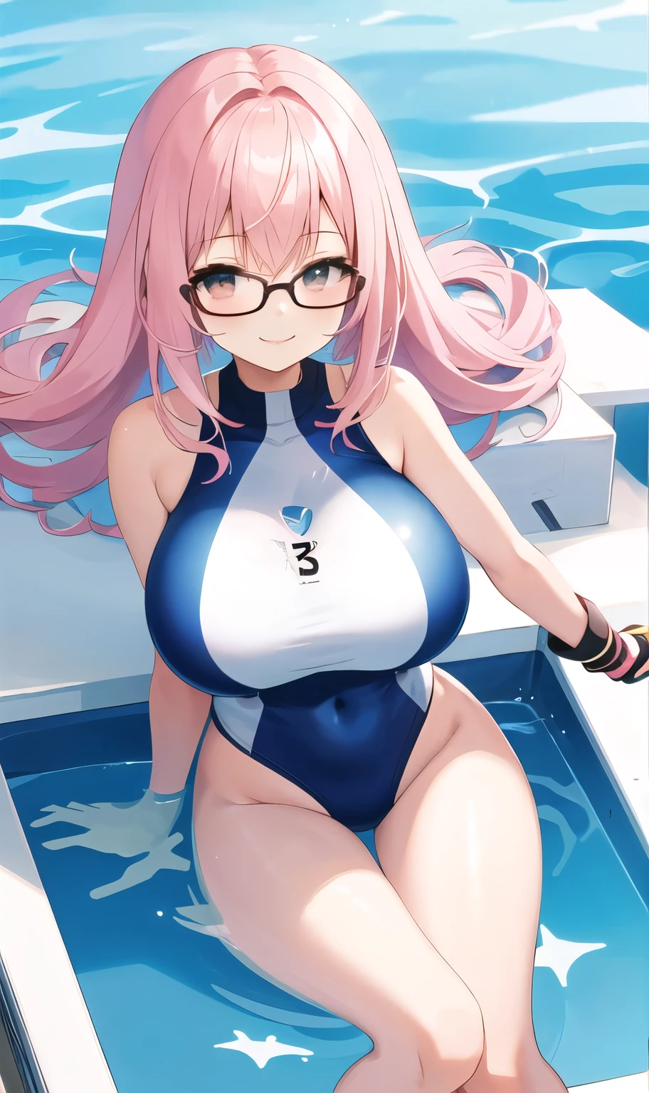 (1girl), light pink hair, open-chest seduction, sportswoman, bangs, big breasts, glasses lady, (full), slim, smile, [wide hips], pool, aru \ (blue file\), 8K picture quality, big beauty, swimsuit