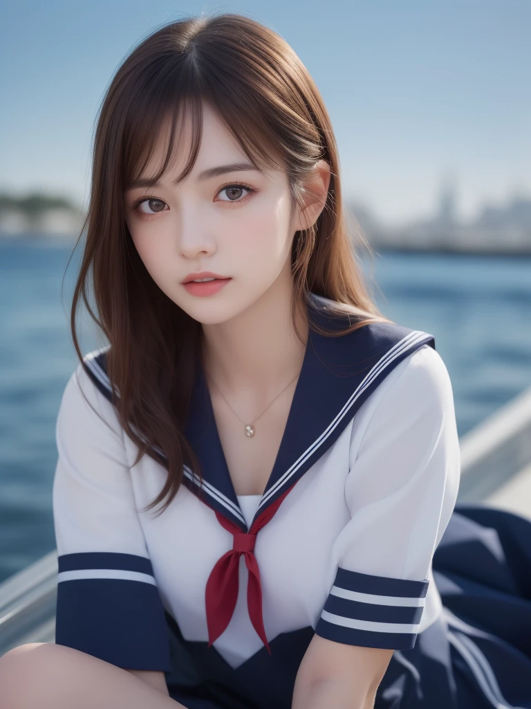 1 Girl, (Highest quality:1.4), (Very detailed), (Very detailed美しい顔), Great face and eyes, black eye, Black Hair, (Sailor suit, school uniform:1.2), (Cleavage), Smooth, 8K wallpapers incorporating highly detailed CG, High resolution raw color photos, Professional photos, Light, BackLight, dream-like, impressive, Written boundary depth