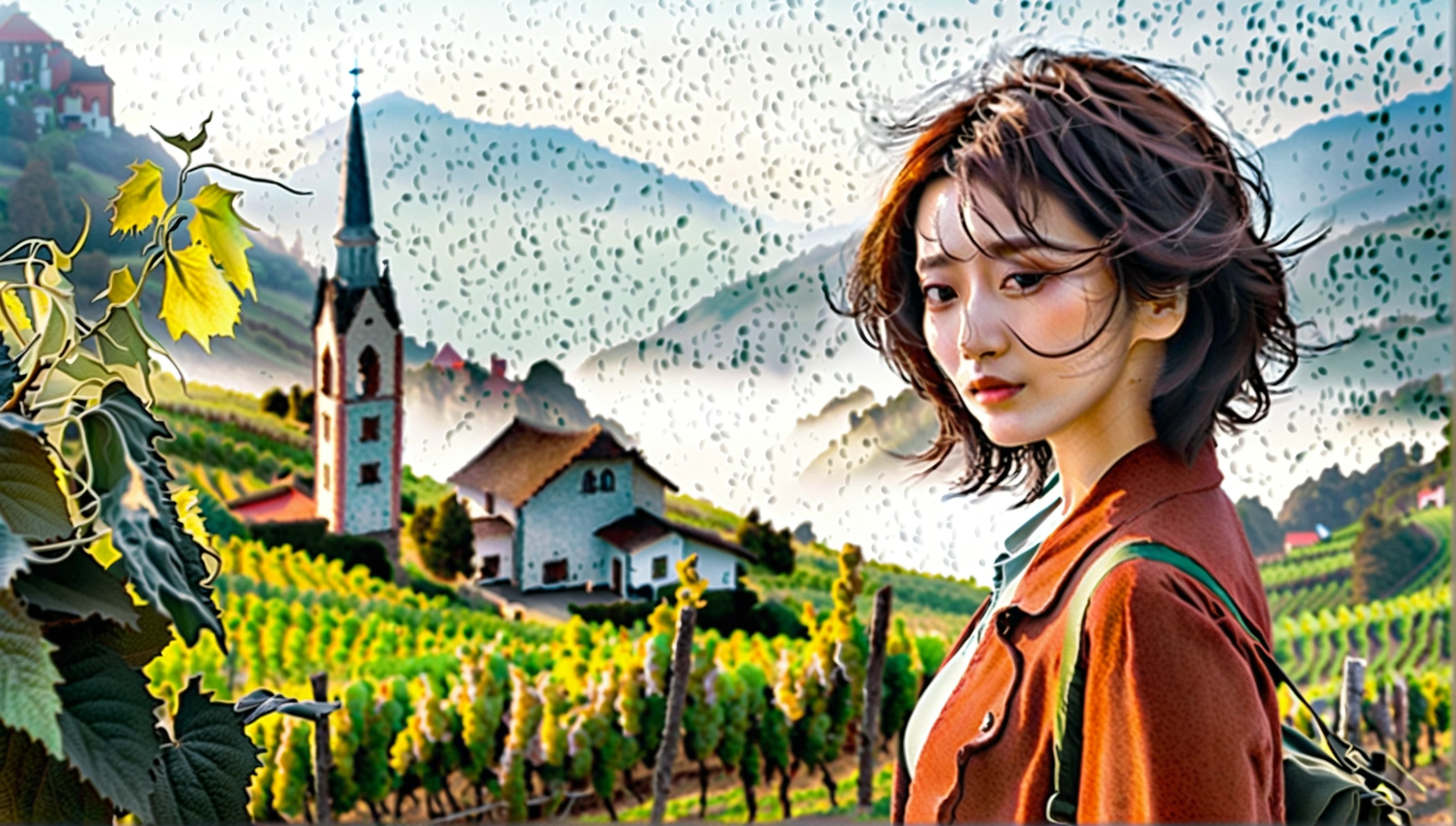 Woman in beautiful landscape 8K highest quality, Beautiful 36-year-old Korean woman, Chest size 34 inches, Passing through vineyards in the Swiss countryside, The cathedral is visible in the early morning fog., The back background is realistic and vivid quality., short medium hair, Casual and British - (summer jacket) ,Perfect and realistic photos, The background is realistic.. Full body shot with Canon camera 16-35 wide angle lens, expressionless, On a vineyard hill covered in thick fog., Walking towards the front camera