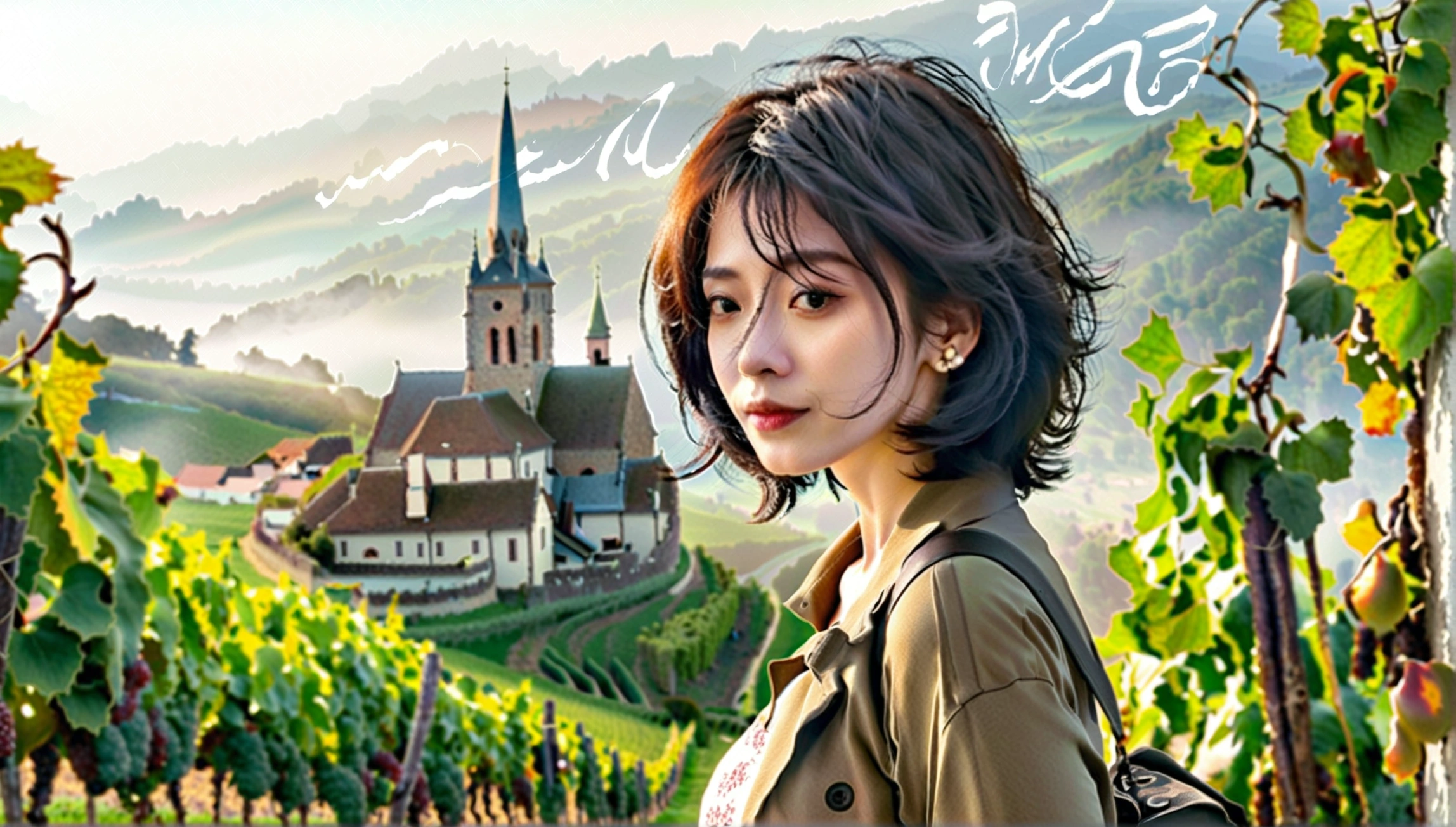 Woman in beautiful landscape 8K highest quality, Beautiful 36-year-old Korean woman, Chest size 34 inches, Passing through vineyards in the Swiss countryside, The cathedral is visible in the early morning fog., The back background is realistic and vivid quality., short medium hair, Casual and British - (summer jacket) ,Perfect and realistic photos, The background is realistic.. Full body shot with Canon camera 16-35 wide angle lens, expressionless, On a vineyard hill covered in thick fog., Walking towards the front camera