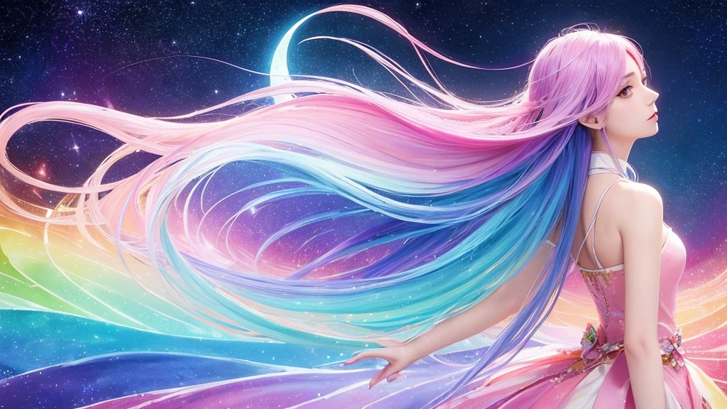 a woman with long white hair is sitting in the water, shiny and flowing hair, long shiny ethereal hair, longos cabelos coloridos brilhantes, flowing cabelo brilhante, cabelo brilhante, aura brilhante ao seu redor, long cabelo brilhante, ethereal beauty, Iridescente glistening smoke, Iridescente. Fantasia, she has Iridescente membranes, ethereal rainbows, ethereal glow, illustration Iridescente