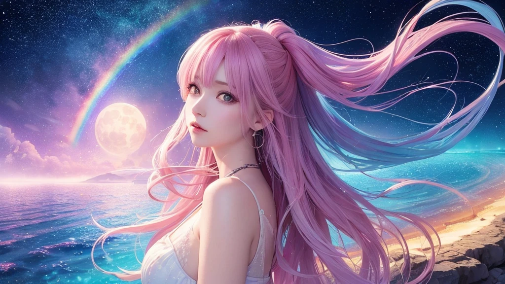 (masterpiece, top quality, best quality,watercolor (medium),official art, beautiful and aesthetic:1.2),(1girl:1.3), (fractal art:1.3),upper body, from side, looking at viewer,patterns,(rainbow color Hair,colorful hair,half blue and half pink hair:1.2),water,liquid, cloud,colorful, starry,stars,,moon,star night, "Generate an image of the character with the background changed to a fantastical night scene, like Orihime, featuring a mystical and dreamlike atmosphere with a luminous moon, sparkling stars, and an ethereal glow."