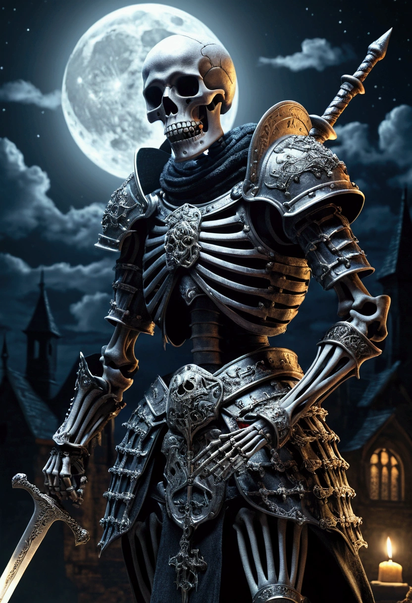 A thinking skeleton wearing armour with a sword in a horror surrounding at night