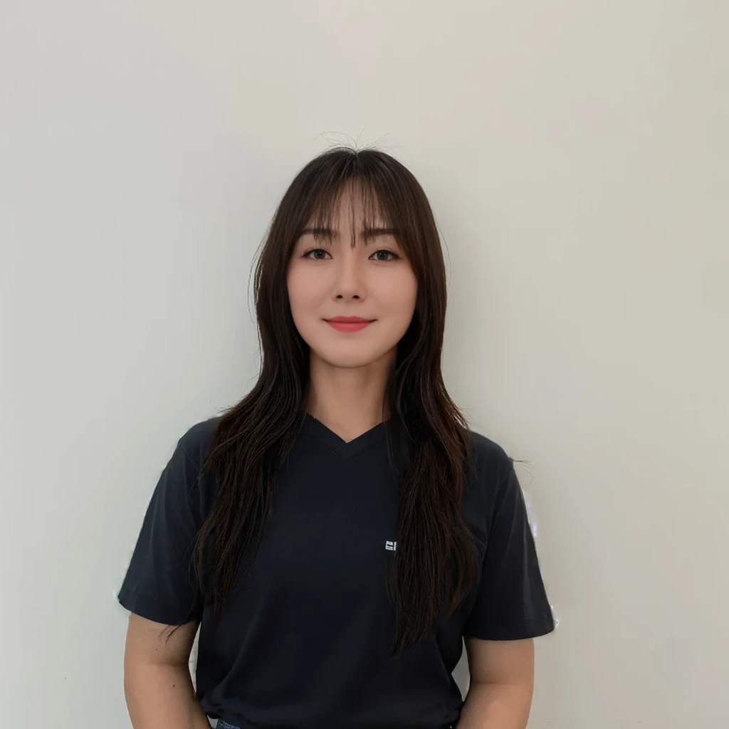Best Quality, 8k, Masterpiece, (Portrait: 1.3), (photo realistic:1.4), (hyper realistic:1.4), Sharp Focus, looking at viewer, (smoother lighting:1.1), (increase cinematic lighting quality:0.9), realistic lighting, backlighting, light on face, ray trace, (brightening light:1.2), (Increase quality:1.4), sharp detail, (best quality real texture skin:1.4), finely detailed eyes, black_eyes, finely detailed face, 25 year old Korean woman, (gray V neck t-shirt:1.4), (Create an image maintaining the original base model hairstyle:1.5)