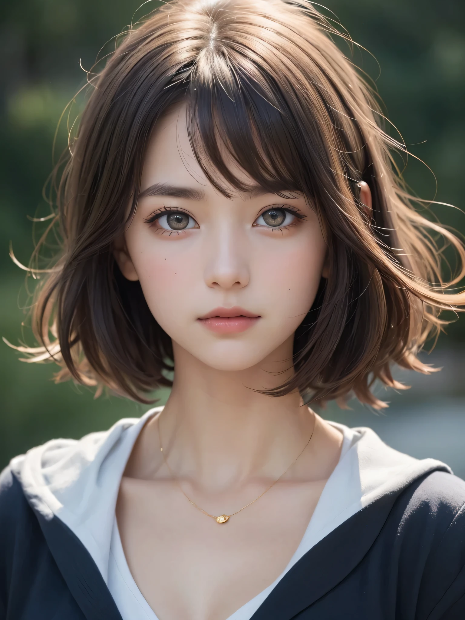 One Girl,(1人のとてもcute女の子,Golden Ratio:1.3),masterpiece,Highest quality,High resolution,From below,Low - Angle,Photorealistic,RAW Photos,Ray Tracing,beautiful girl,(15 years old:1.3),cute,Big eyes,(detailed pupils:1.2),(The face is facing forward:1.3),Cute nose,Beautiful nose,Upturned nose,Fuller lips,Short brown hair,ponytail,short hair,Detailed eyelashes,Thin eyebrows,Very fine grain definition,(Symmetrical eyes:1.3),(Face close-up,Face Focus:1.0),Small breasts,Short neck,Sailor suit,blazer,People emerge,Dark Background,Portrait,View Viewer,Lift your chin,A dreamy look,Ecstatic expression,Upper Body,Cinema Lighting,Soft Light,Very detailed