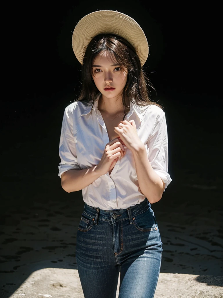 ((Highest quality, 8K, masterpiece :1.3)), Sharp focus :1.2, Beautiful woman with perfect figure :1.4, 1 Girl,Slim Abs :1.2, ((Dark brown hair,chest :1.2)), (White long formal shirt)(Unbutton your shirt.), Gray background:1.2, Highly detailed face and skin texture, fine grain, double eyelid,Beautiful Hands,Five Fingers,Fashion model posing,Full body portrait,Cowboy Shot,jeans,Cast a Shadow,