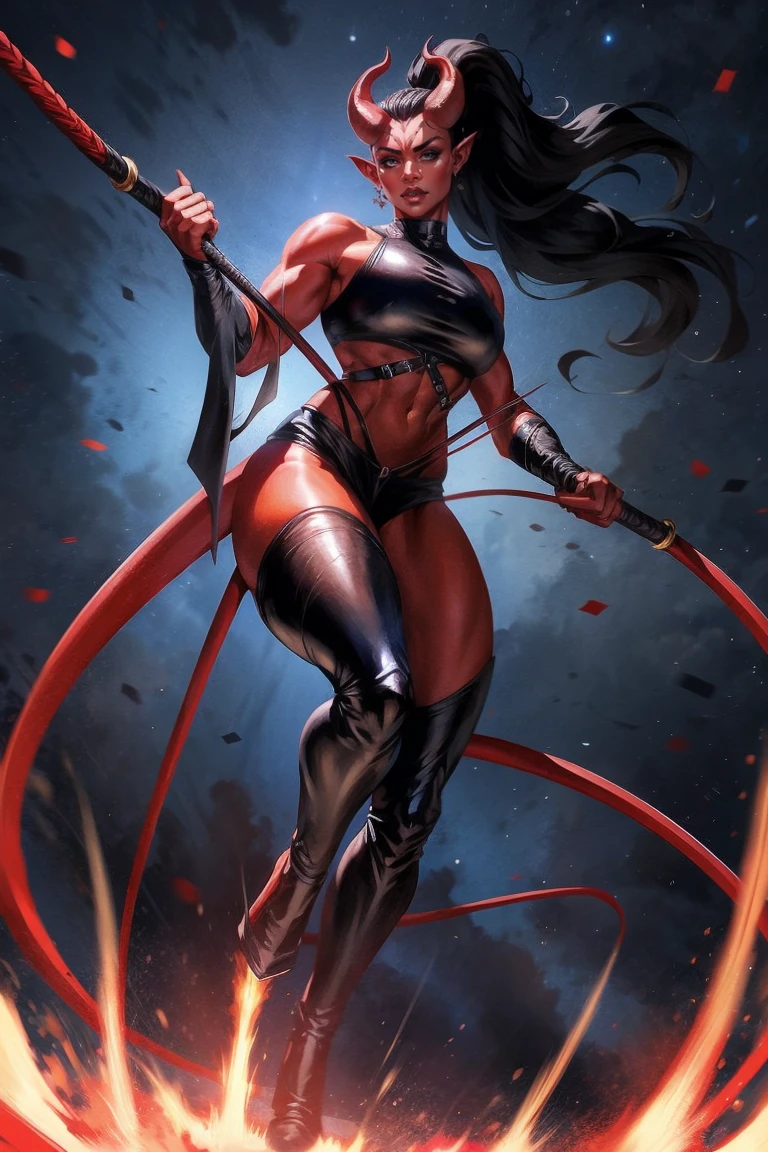 Red skin succubus tiefling, digitigrade legs, medium breasts, black horns, wings, huge tail, black leather, crop top, long flowing pelvic curtain, tall, toned, graceful, thin, long black ponytail. Action scene, whip. Dark scene, explosions, night sky.