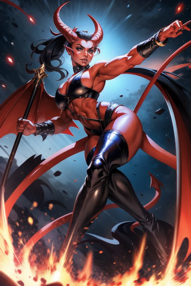 Red skin succubus tiefling, digitigrade legs, medium breasts, black horns, wings, huge tail, black leather, crop top, long flowing pelvic curtain, tall, toned, graceful, thin, long black ponytail. Action scene, whip. Dark scene, explosions, night sky.