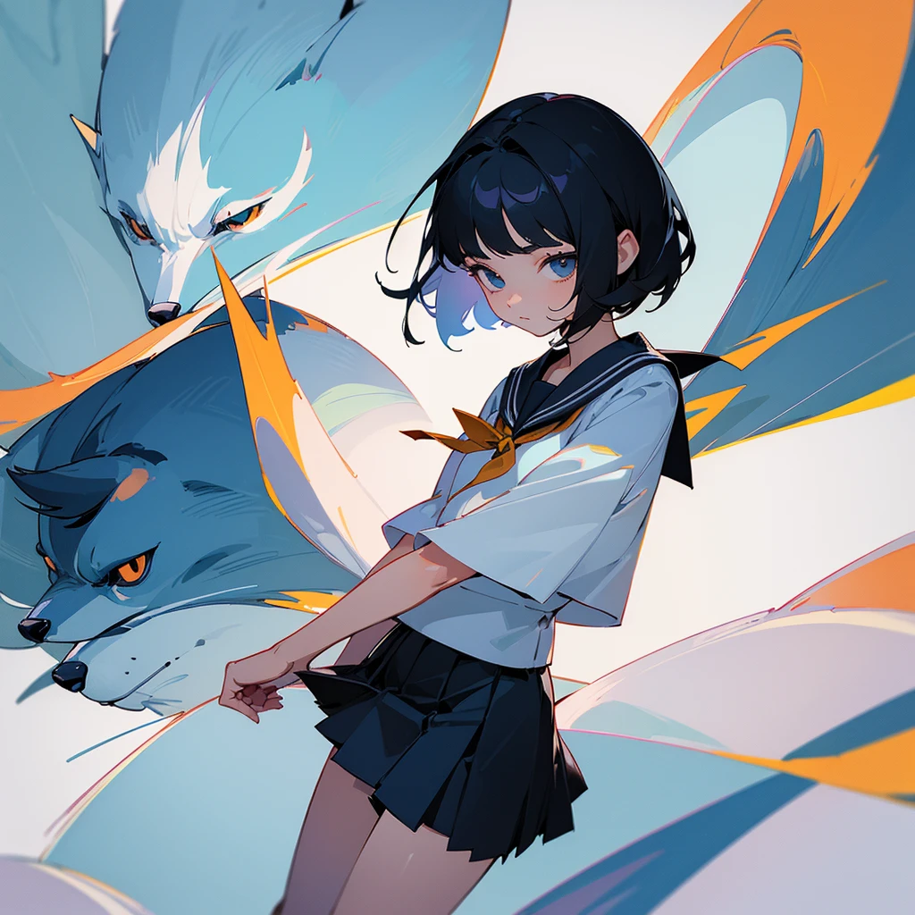 (Top quality illustrations:1.3)、whole body、Character portrait、cool、beautiful、female、Sailor suit、Short sleeve、Slanted Eyes、Short wolf cut hair、Character portrait、Gentle、17 years old、loafers、Black Hair、ribbon、Less movement、Above-knee skirt