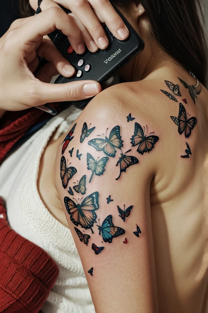 A small tattoo with video games butterflies hearts and books