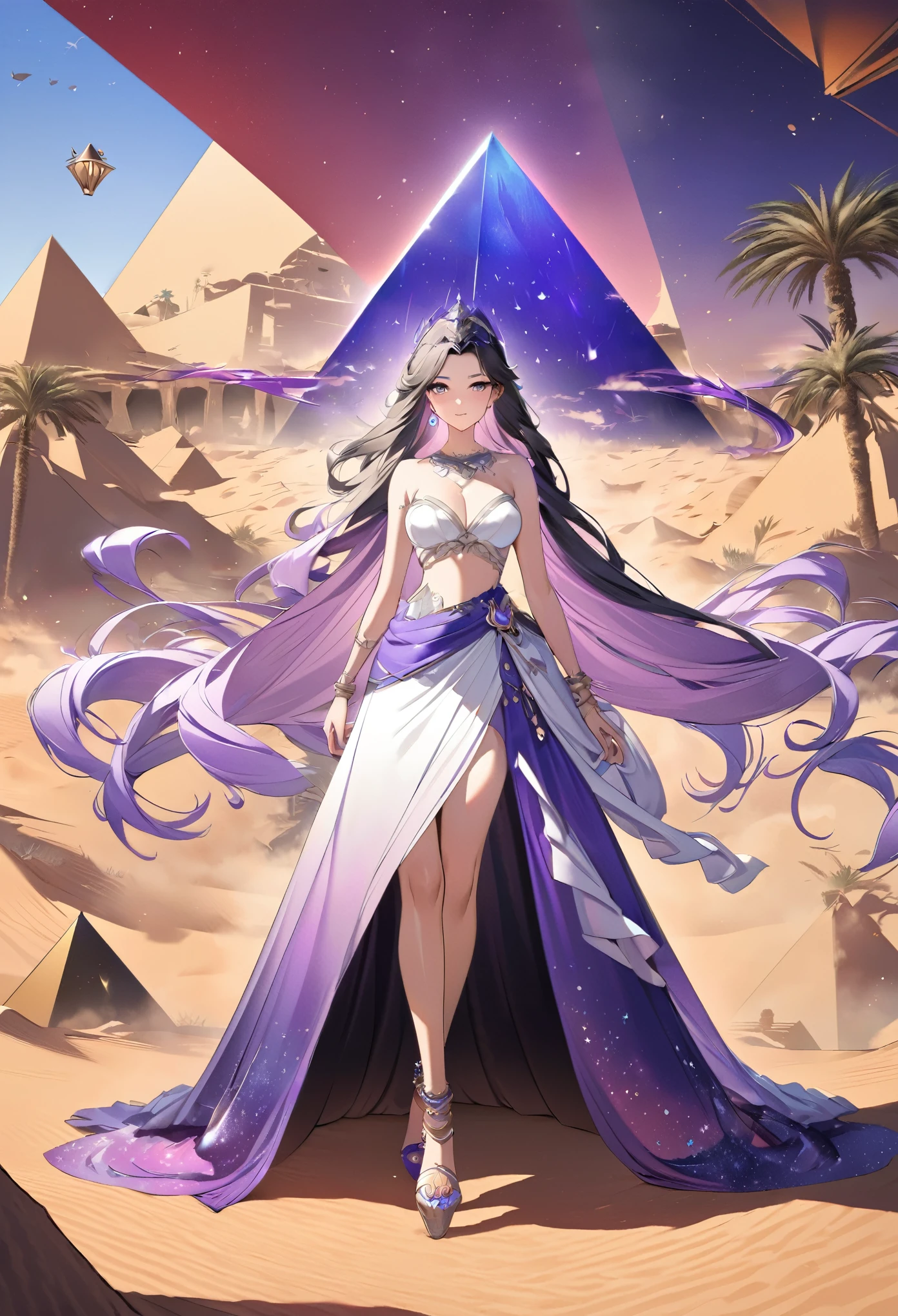 conceptual installation pop art, artwork painted with blue-pink-purple-black gradation, best quality, super fine, 16k, 2.5D, delicate and dynamic depiction, desert princess, Disney-style fantasy, cool and beautiful pretty princess, desert, pyramid, sandstorm effect