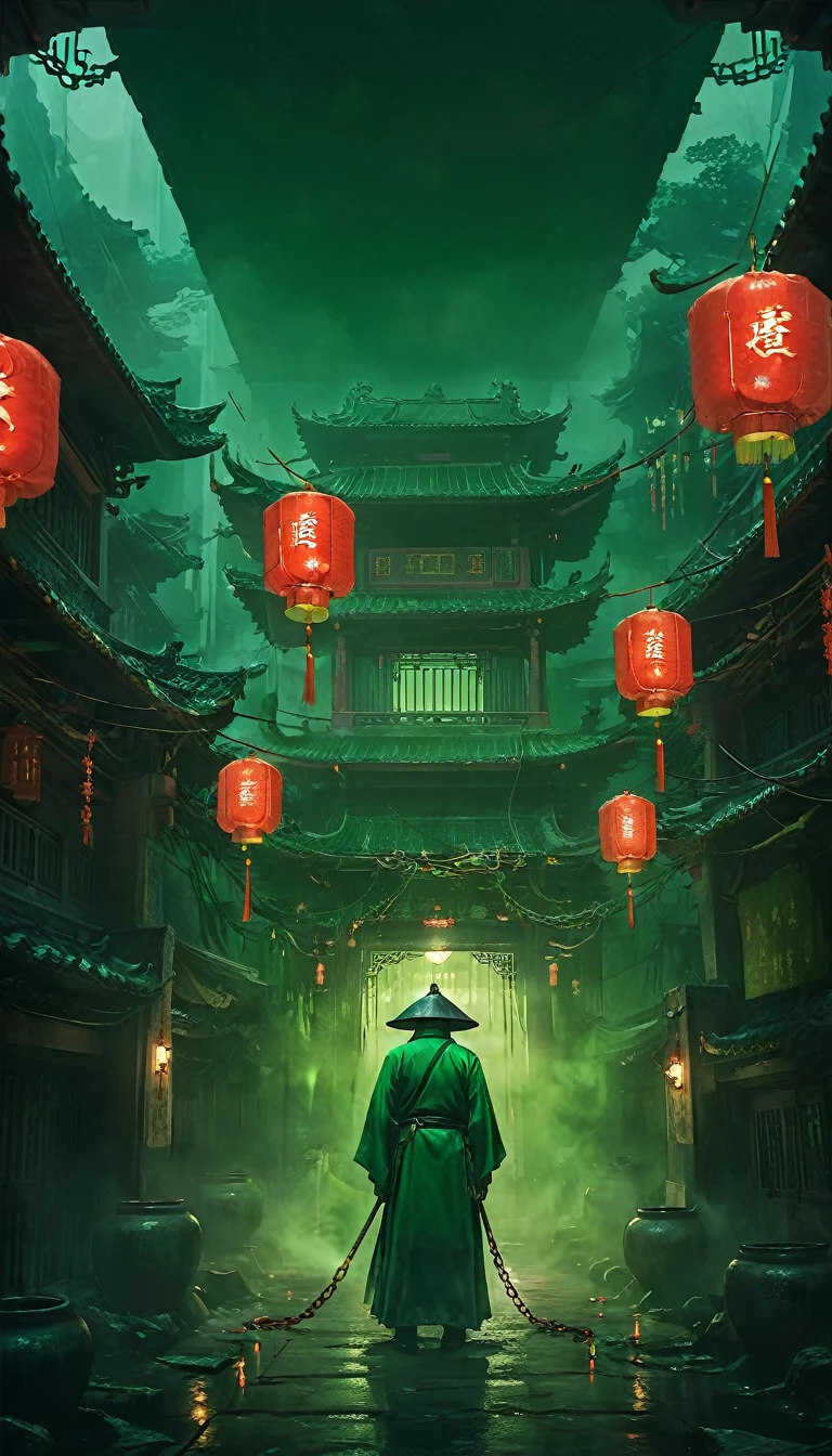 Haunting Chinese Ghost Stories, Creepy Chinese architecture, Tanabata Festival, Green ghost soup, mianpoqiao, Menpo soup, Ghost Guard, Iron Chains, Dark atmosphere lighting, Cinematic, Horror, Atmospheric, Surreal, mysterious, detailed、Ghost、ghost