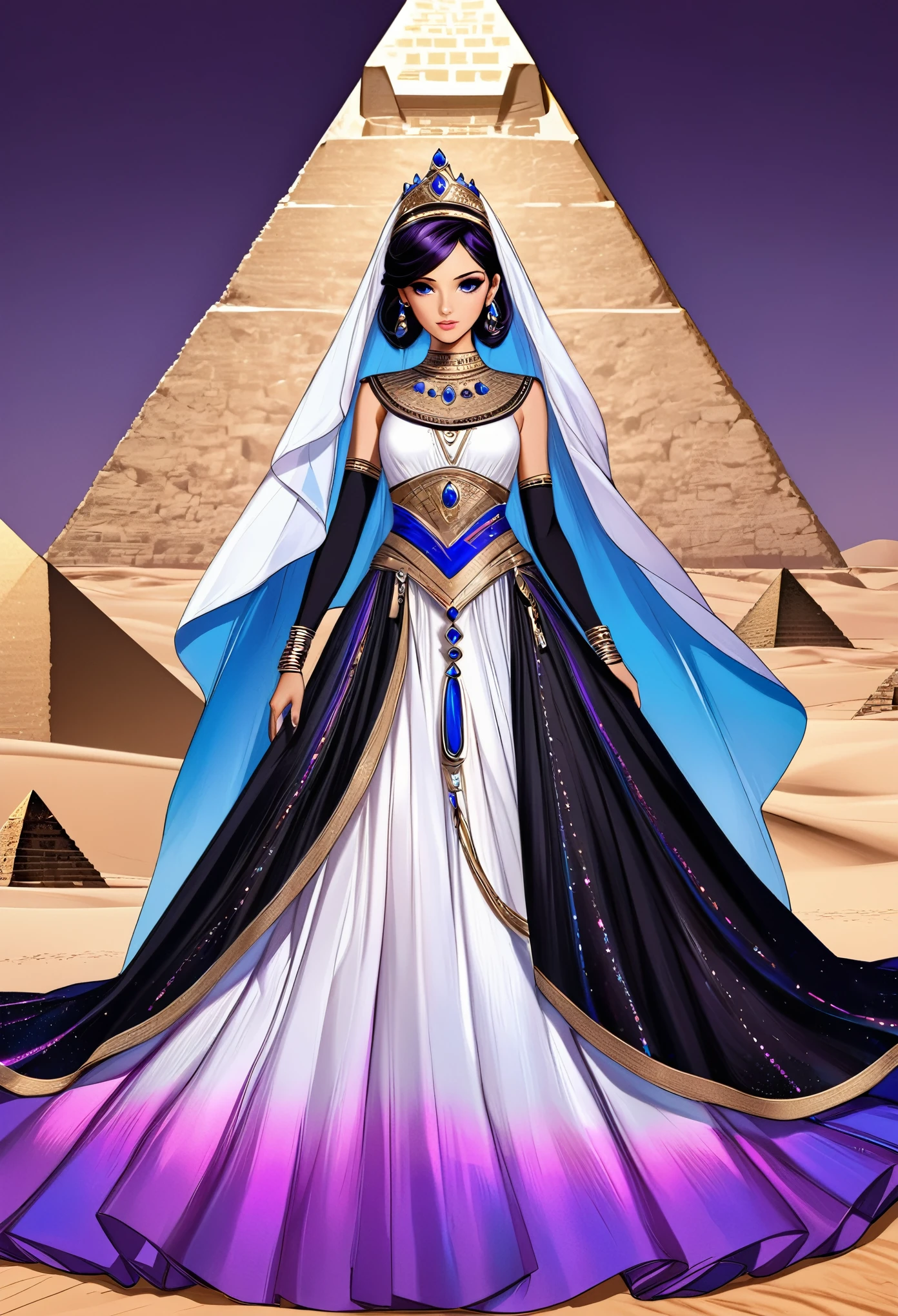 conceptual installation pop art, artwork painted with blue-pink-purple-black gradation, best quality, super fine, 16k, 2.5D, delicate and dynamic depiction, desert princess, Disney-style fantasy, cool and beautiful pretty princess, arabian royal dress and accessories, desert, pyramid, sandstorm effect