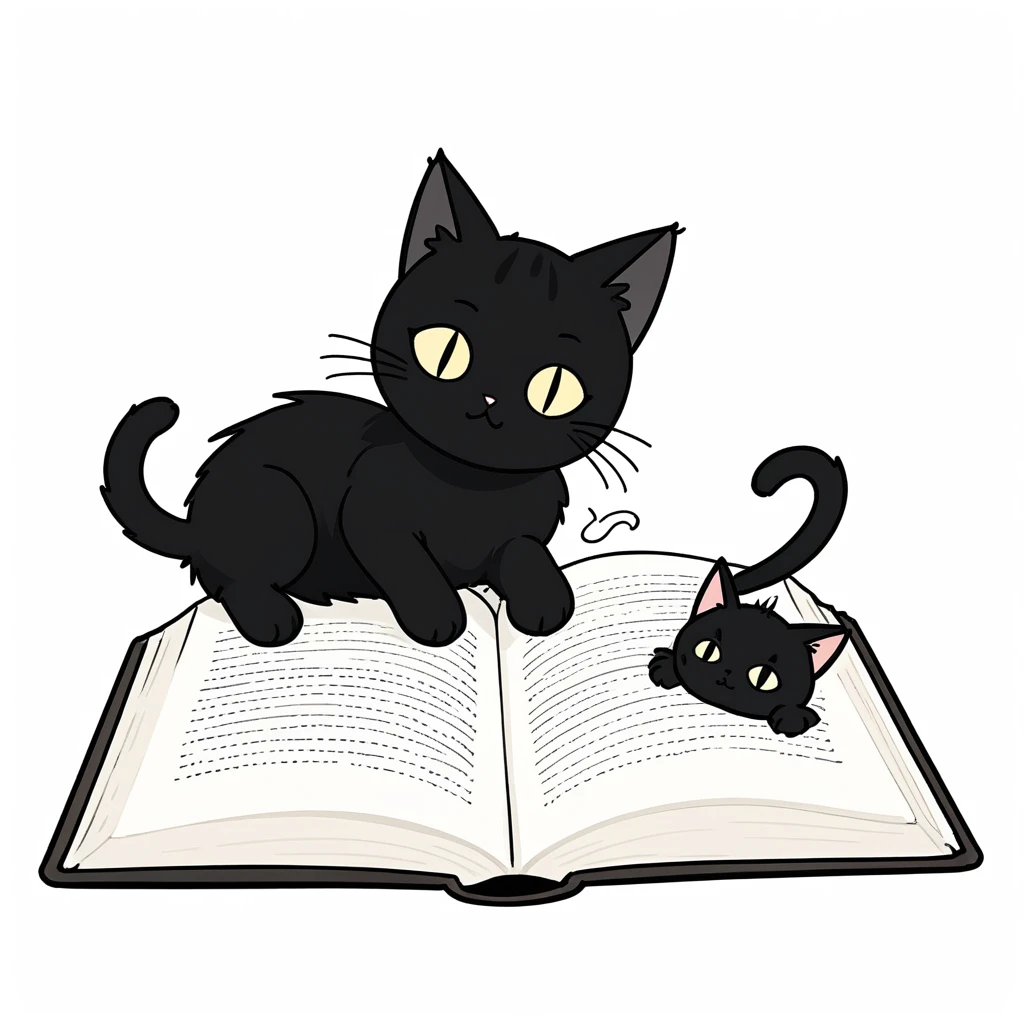 1 black cat lie down on the book,simple,(white background:1.4),doodle,scribble,minimalism,cat touching a Bookmark