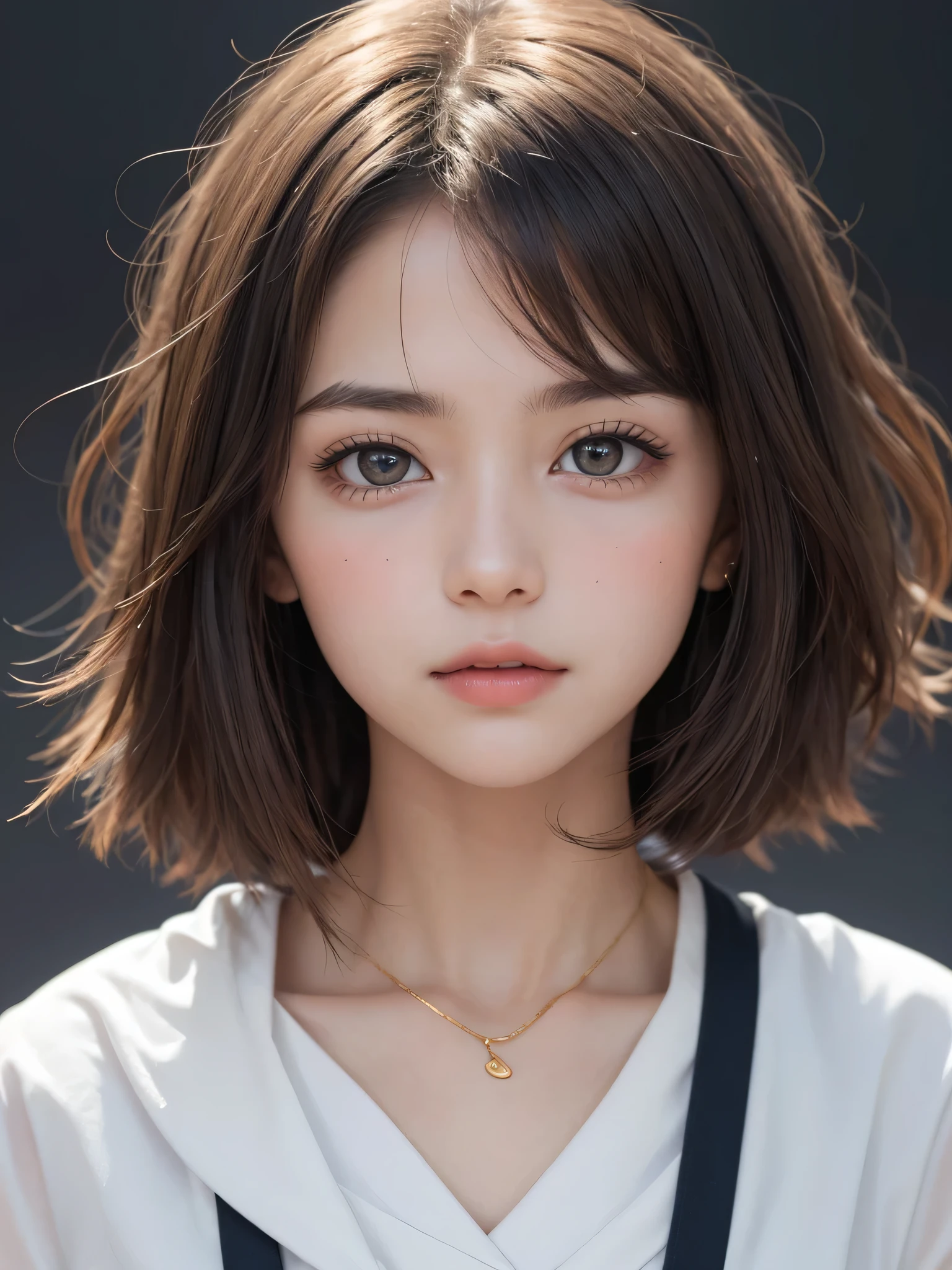 One Girl,(1人のとてもcute女の子,Golden Ratio:1.3),masterpiece,Highest quality,High resolution,From below,Low - Angle,Photorealistic,RAW Photos,Ray Tracing,beautiful girl,(15 years old:1.3),cute,Big eyes,(detailed pupils:1.2),(Face turned to the side:1.3),Cute nose,Beautiful nose,Upturned nose,Fuller lips,Baby Face,Young face,Short brown hair,ponytail,short hair,Detailed eyelashes,Thin eyebrows,Very fine grain definition,(Symmetrical eyes:1.3),(Face close-up,Face Focus:1.0),Small breasts,Short neck,Sailor suit,uniform,People emerge,Dark Background,Portrait,Look to the side,Lift your chin,A dreamy look,Ecstatic expression,Upper Body,Cinema Lighting,Soft Light,Very detailed