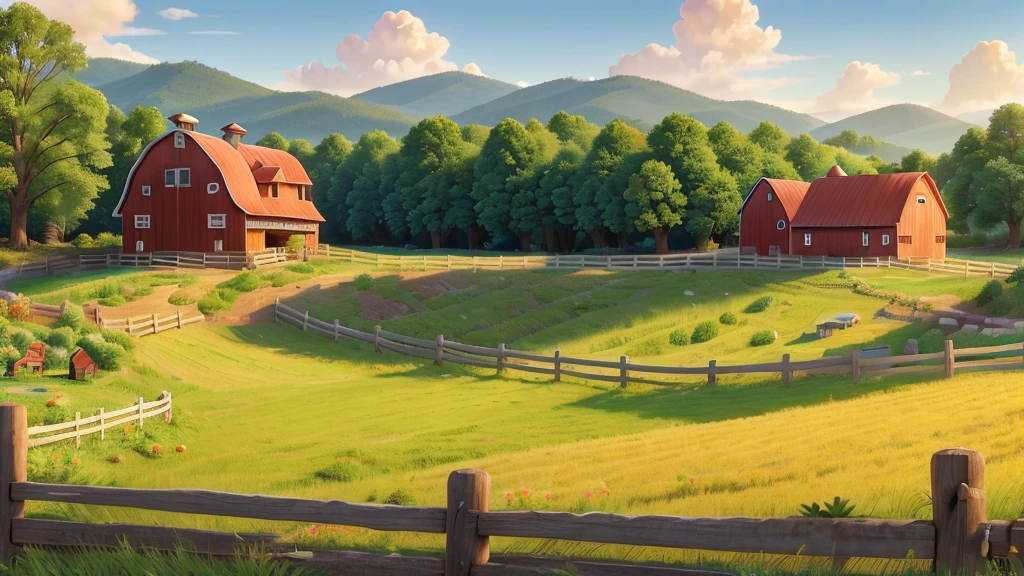 a beautiful detailed farm named ALEGRIA, lush green fields, rustic wooden fences, red barn with white trim, rolling hills in the background, old tractor parked near the barn, picturesque landscape, warm golden sunlight, highly detailed, photorealistic, ultra-detailed, vibrant colors, masterpiece, 8k, award-winning photograph With happy animals at the center of the picture.