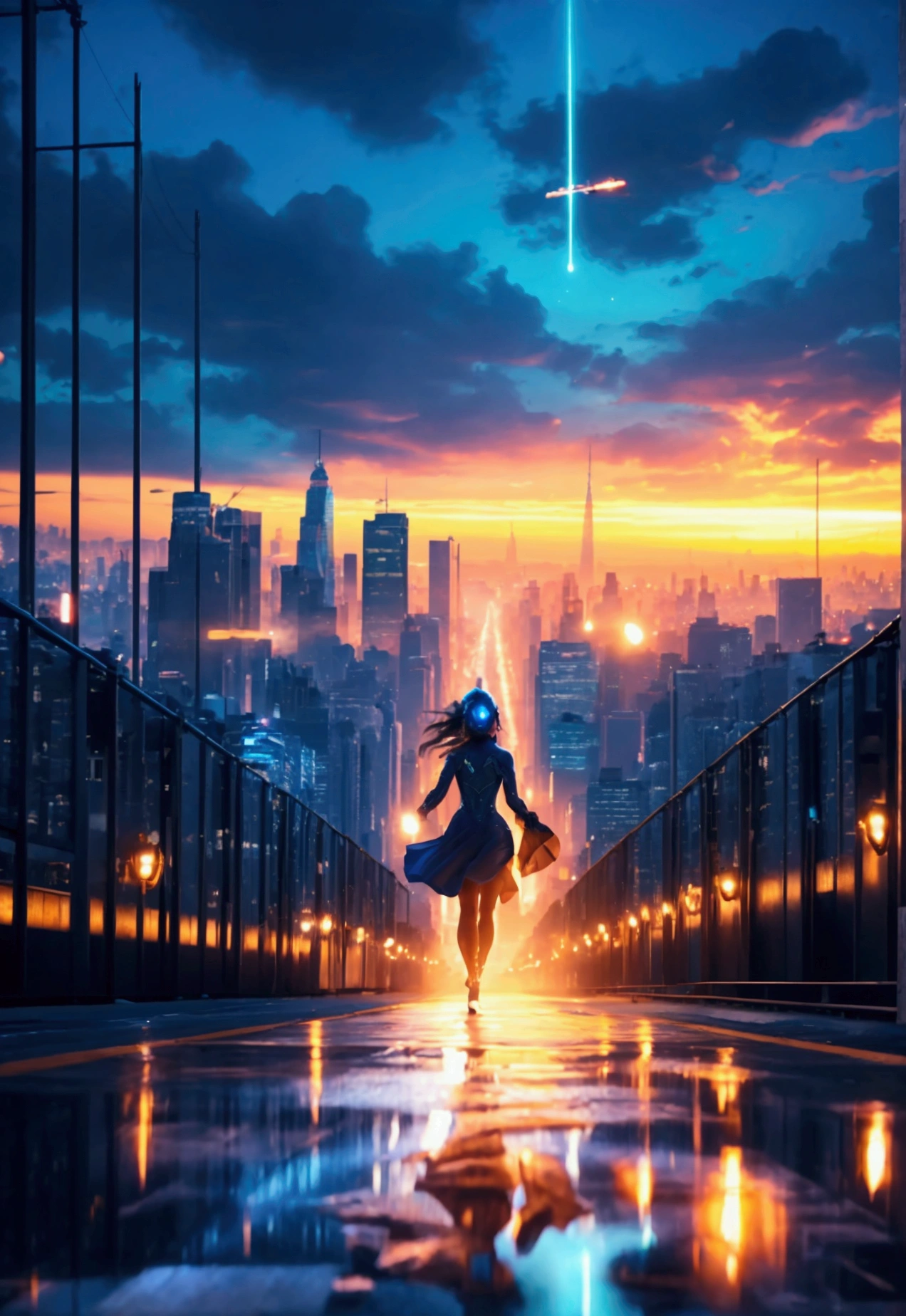 itsamazing lightingbolt woman, blue color, she run on the empty street, luminous, reflective, hyper detailed, trending on artstation, intricate details, highly detailed, background big city with skyscrapers at night, super detail, ultra realistic, cinematic lighting, amazing, best color, perfect image high flying aerial top down view, photorealistic, a sprawling cityscape emerges, adorned with towering skyscrapers, photograph, advanced technology and bustling activity create a sense of awe and wonder, at night, super detail, ultra realistic, cinematic lighting, amazing, best color, perfect image perspective, by DamShelma