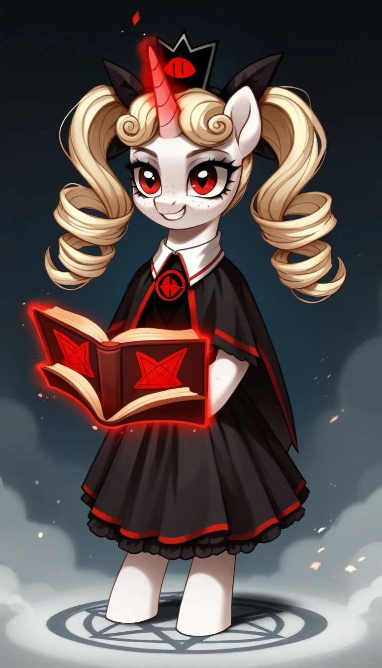 score_9,score_8_up,score_7_up,score_6_up, filly, unicorn, white fur, curly blonde hair, twintails, freckles, red eyes, Gothic pony, ta fashion, glowing backlight, fashion show, cult church scene, glitter, whimsical, enchanted, magical, fantasy art concept, intricate details, insane smile, blood splatter on face, floating, holding spell book, glowing horn, standing in a glowing pentagram