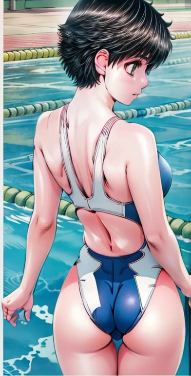 A boyish, short-haired, busty, beautiful-legged woman is standing by the pool in a competitive swimsuit.。Angle from behind。Being photographed by a middle-aged man。