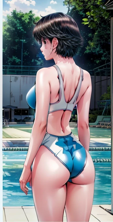 A boyish, short-haired, busty, beautiful-legged woman is standing by the pool in a competitive swimsuit.。Angle from behind。Being photographed by a middle-aged man。