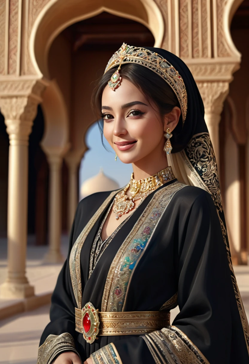 desert princess、Arabian woman、Wearing a gorgeous abaya、Transcendently beautiful、Ideal proportions、Elegant appearance、smile、Bold composition、Looking at the audience、Desert and luxurious palaces、Perfect proportions、(Highest quality、4K、8K、High resolution、masterpiece:1.2)、Super detailed、(Real、Photorealistic、Photorealistic:1.37)、HDR、uhd、Studio Lighting、Ultra-fine painting、Sharp focus、Physically Based Rendering、Extremely detailed depiction、professional、Bright colors、Bokeh、Portrait、realism