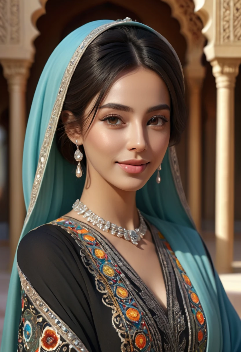 desert princess、Arabian woman、Wearing a gorgeous abaya、Transcendently beautiful、Ideal proportions、Elegant appearance、smile、Bold composition、Looking at the audience、Desert and luxurious palaces、Perfect proportions、(Highest quality、4K、8K、High resolution、masterpiece:1.2)、Super detailed、(Real、Photorealistic、Photorealistic:1.37)、HDR、uhd、Studio Lighting、Ultra-fine painting、Sharp focus、Physically Based Rendering、Extremely detailed depiction、professional、Bright colors、Bokeh、Portrait、realism