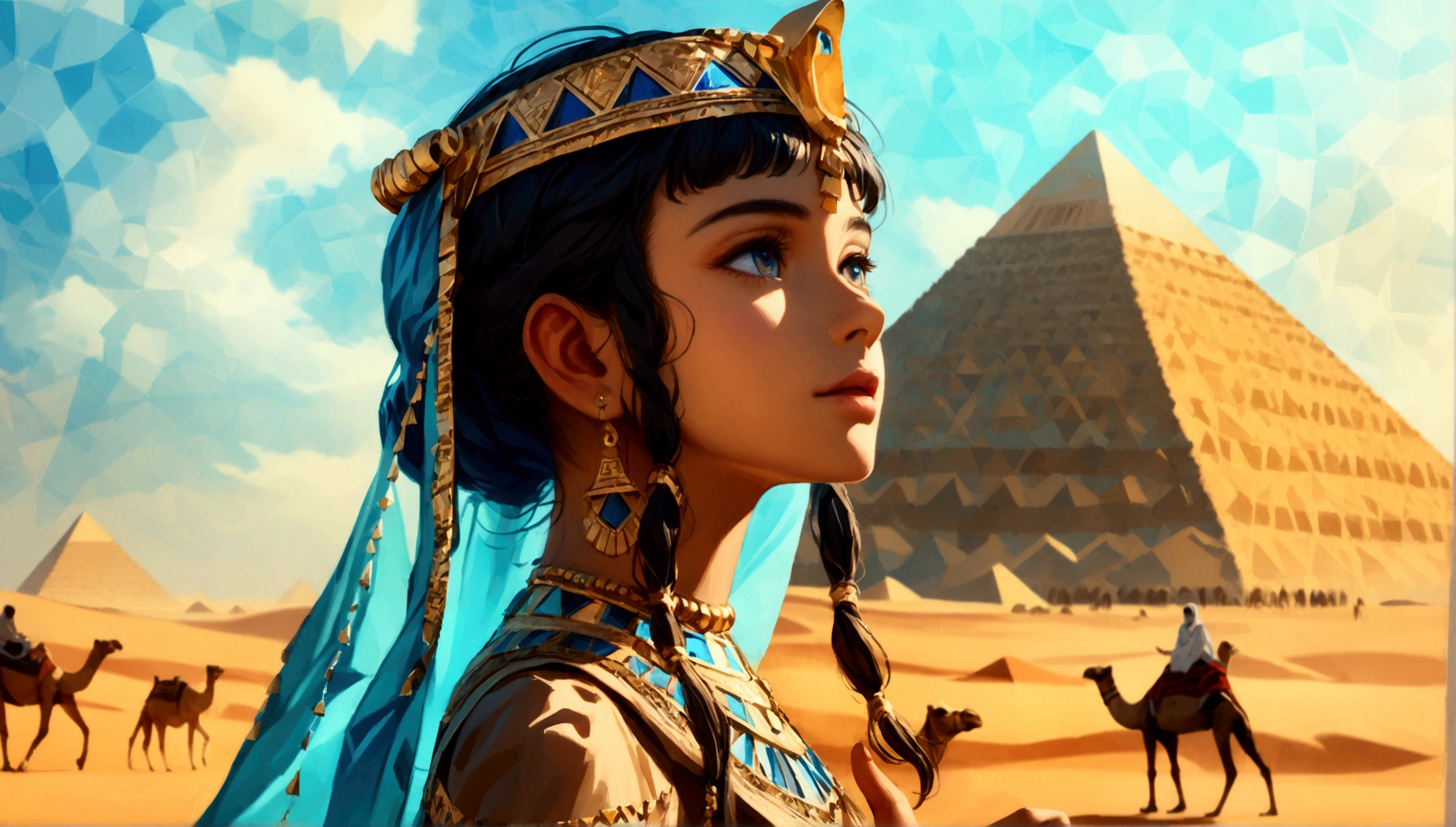 score 9, sorce photo, from side, wide shot, a young gay princess in egyptian style dress, looking up at the pyramids, one hand up, clear blue sky, Very strong sunlight, endless desert, camel caravan, hyper detailed, cinematic lighting, 8k, highly detailed face and eyes, intricate ornate jewelry, flowing fabric, masterpiece, 