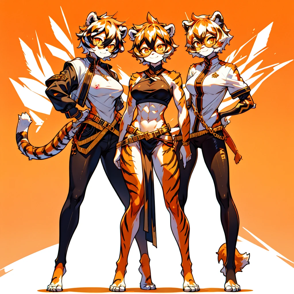 white background, full body, ((furry female:1.2)), Standing, animal ears, white hair, black hair, round eyewear, short hair, large breasts, muscle, tail, orange eyes, orange hair, multicolored hair, tiger girl, hair between eyes, tiger_ears, tiger_tail, orange-tinted_eyewear, tinted_eyewear, big breasts, evil smile, Shadows under feet, Abdominal muscles, (((Hooker outfit:1.2))), show body，NSFW，Gold, lots of gold, gold ingots everywhere