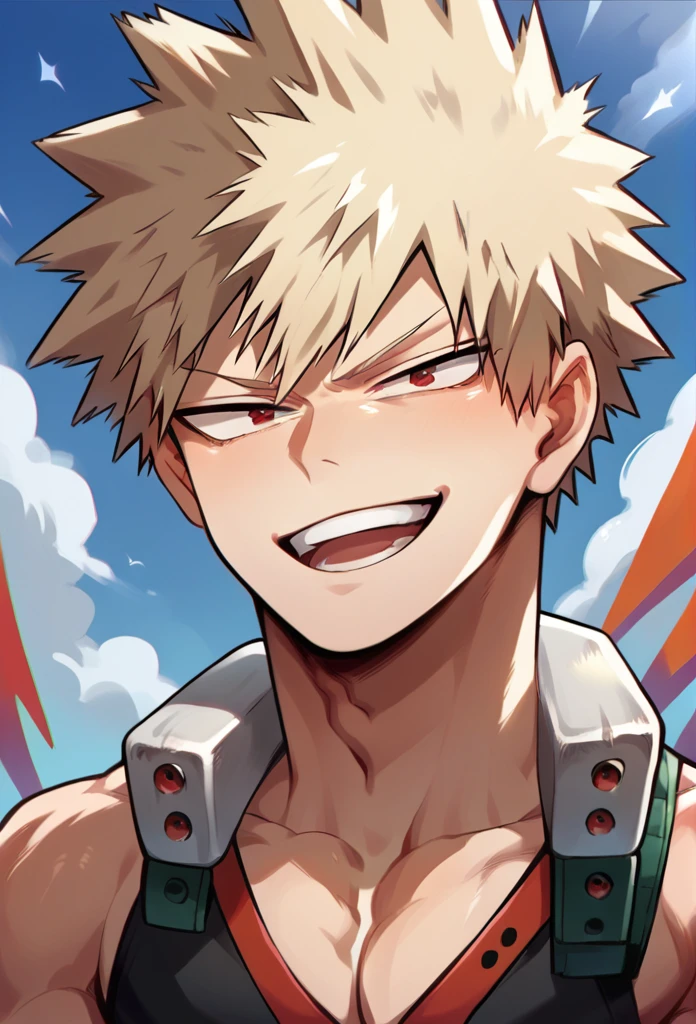 score_9, score_8_up, score_7_up, source_anime, anime, anime coloring, looking at viewer, 1boy, solo, male focus, abs, toned male,  bust shot, seductive smile, open mouth, bakugo, blonde hair, red eyes