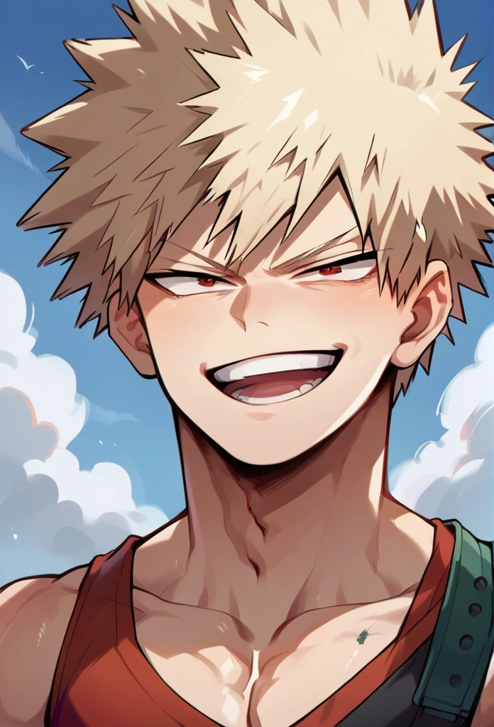 score_9, score_8_up, score_7_up, source_anime, anime, anime coloring, looking at viewer, 1boy, solo, male focus, abs, toned male,  bust shot, seductive smile, open mouth, bakugo, blonde hair, red eyes