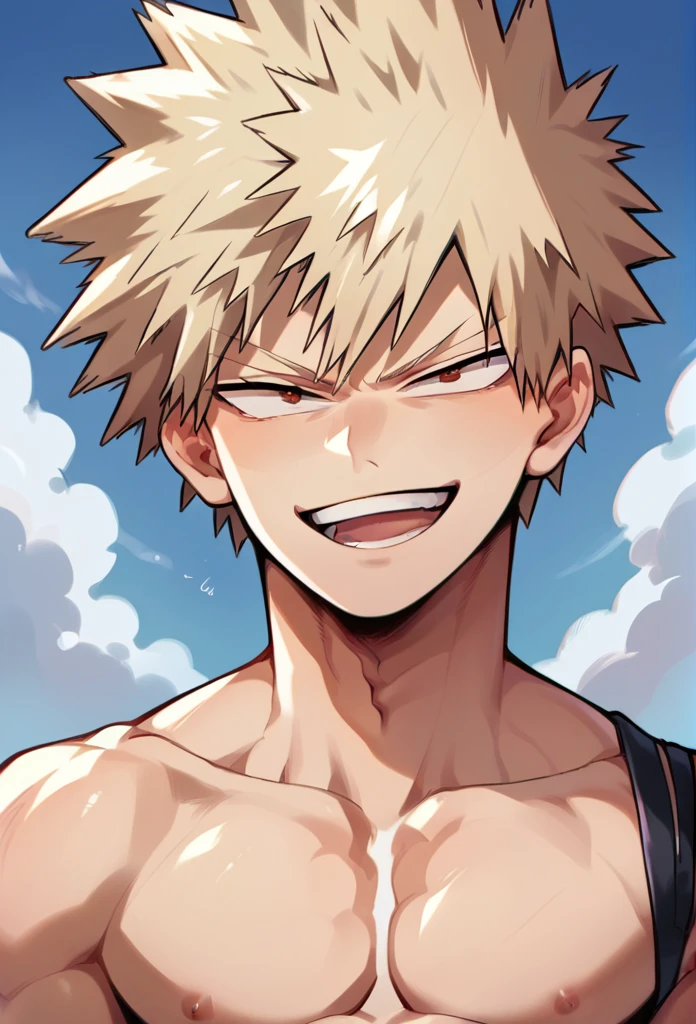 score_9, score_8_up, score_7_up, source_anime, anime, anime coloring, looking at viewer, 1boy, solo, male focus, abs, toned male,  bust shot, seductive smile, open mouth, bakugo, blonde hair, red eyes