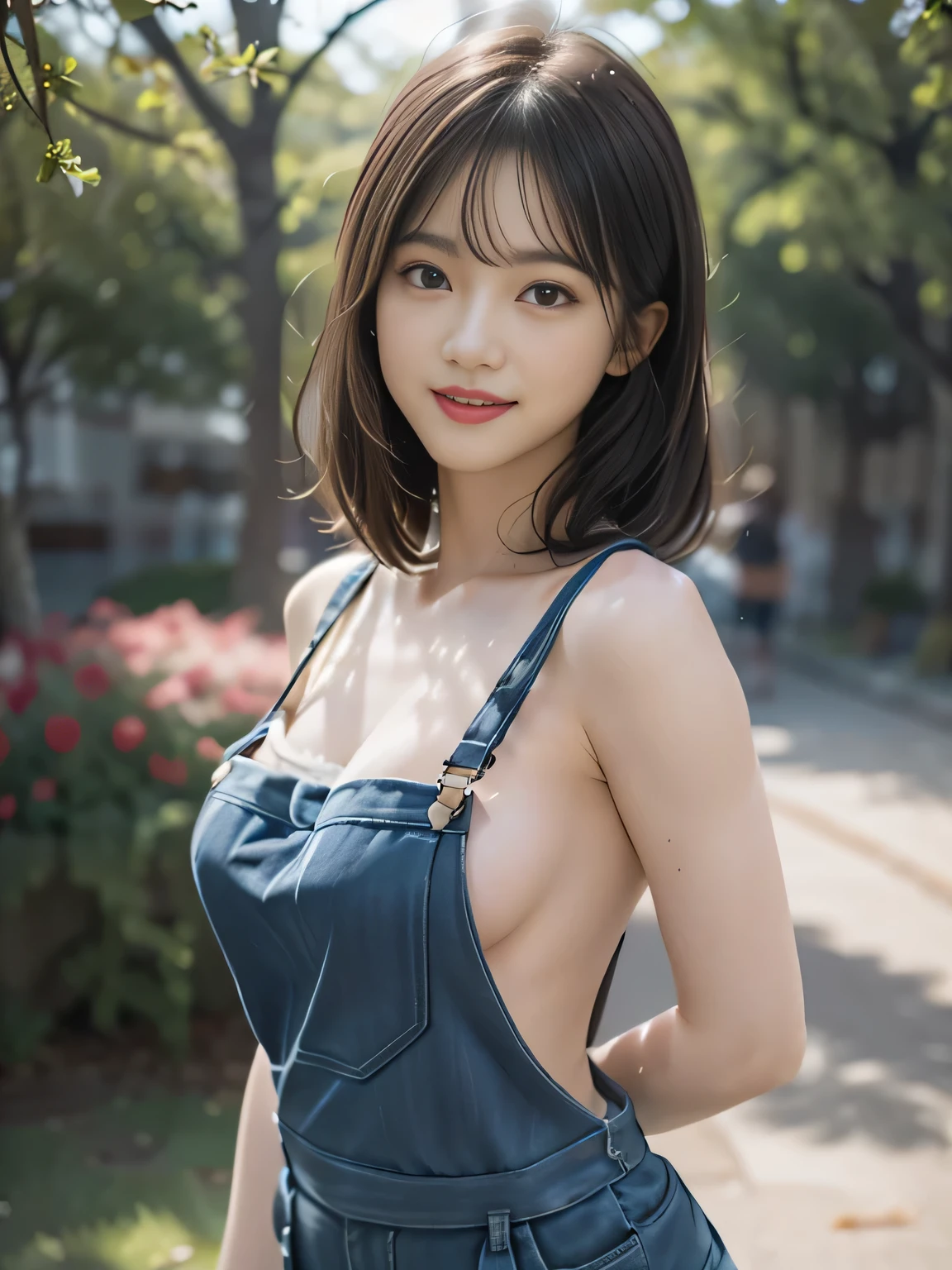 Mastepiece, Best Quality, (Highest quality、8k、masterpiece:1.3)、Ultra-high resolution、Physically Based Rendering、(Photorealistic:1.37)、Beautiful woman with perfect body:1.lim abdomen:1.2、Highly detailed face and skin texture、 Red Cheeks、White skin、Narrow waist,Thin legs、Highest quality,Very beautiful woman, (cute:1.2),Perfect Glowing Skin、((Flower Field))、((Full nudsmile、(((overalls)))、(((One of the Chevs is visible.)))、(((The straps slip off the shoulders)))、((Upper body nude))