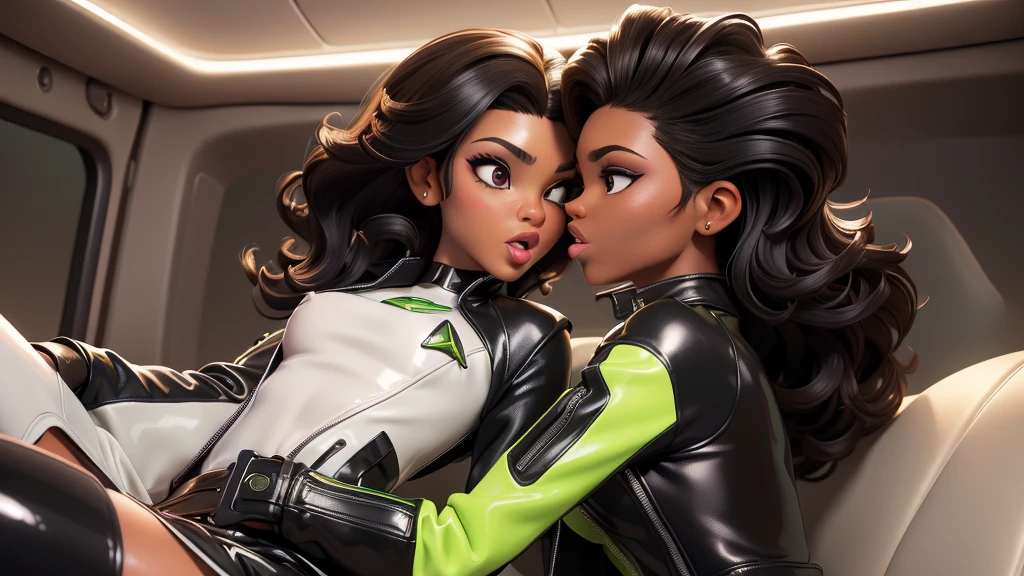 obra prima, melhor qualidade, ((two women,)) ((michelle malkin, brown skin, curly black hair, leather star trek tunic,)) head back, ((sexy sultry wicked look, open mouth, pucker mouth,)) thick smoky black eye shadow, long fake eyelashes, ((wearing shiny lime green pvc biker blazer,)) ((jacket is unzipped and wide open, small breasts, nip slip,)) jacket has padded puff shoulders, shiny leather gloves, ((shiny cream white micro mini pvc skirt,)) body is skinny, shiny tight buttocks, ((in back seat of luxury convertible, sexy kissing squeezing pose,)) (camera view of whole body,) looking up at me, shallow depth of field, highres, HD, 8k, anatomically correct