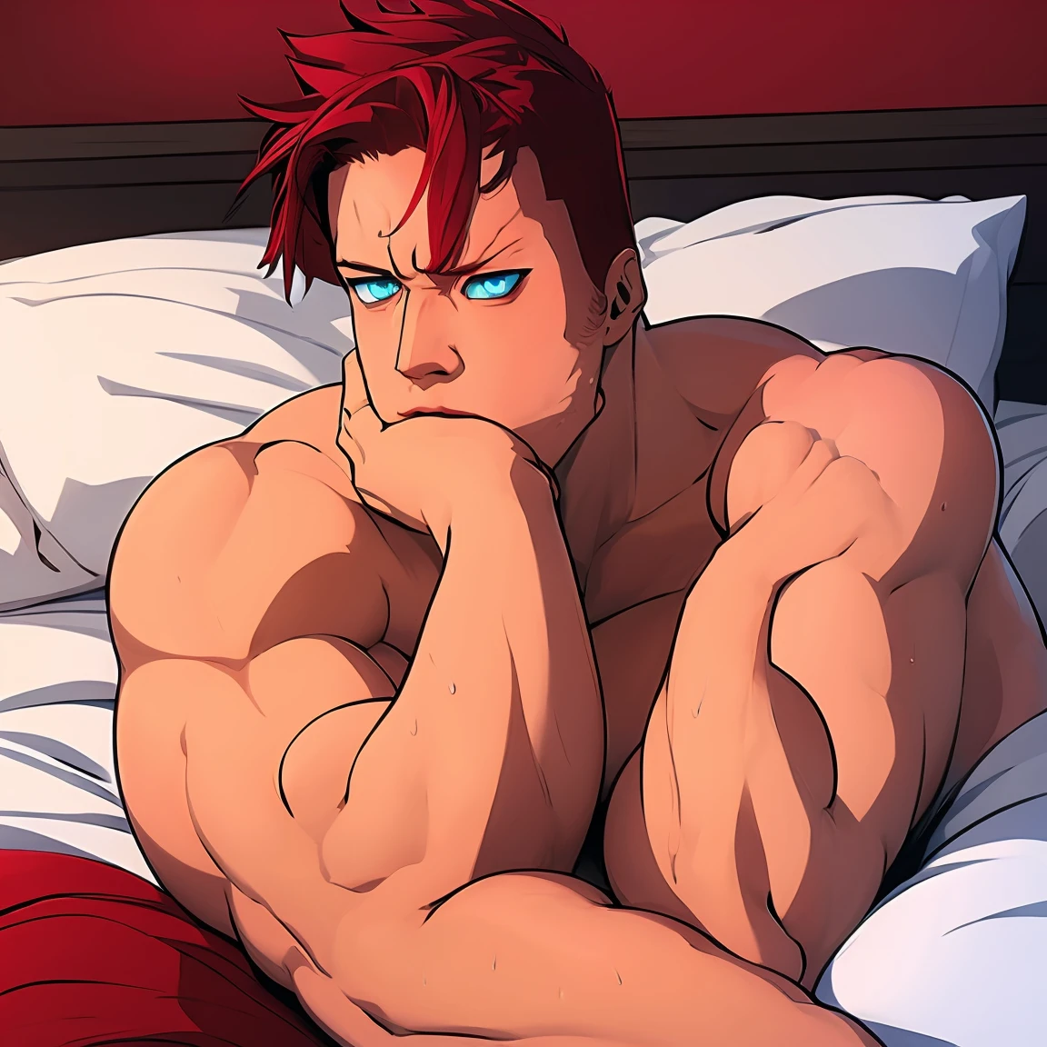 Enji, 1 chico, whole body, big muscular, of good quality, naked, lying in a day bed, Red hair, blue eyes, con pose sensual