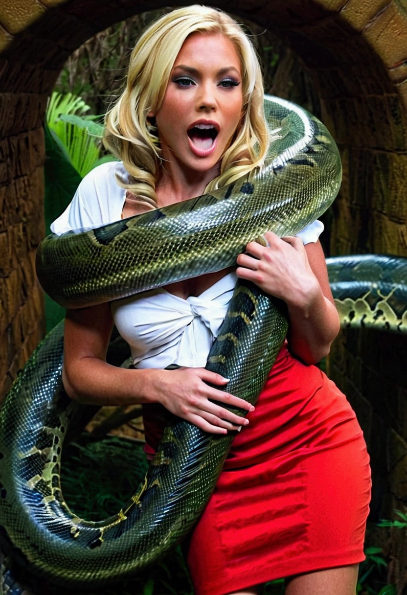  Happy Horny, aroused 1girl), beautiful blonde young teen girl  with  giant colossal Kaa monster squeezing her hard, wrapped in thick spiraling coils, constricted, struggle, gasping for air, snake attack, snake peril 