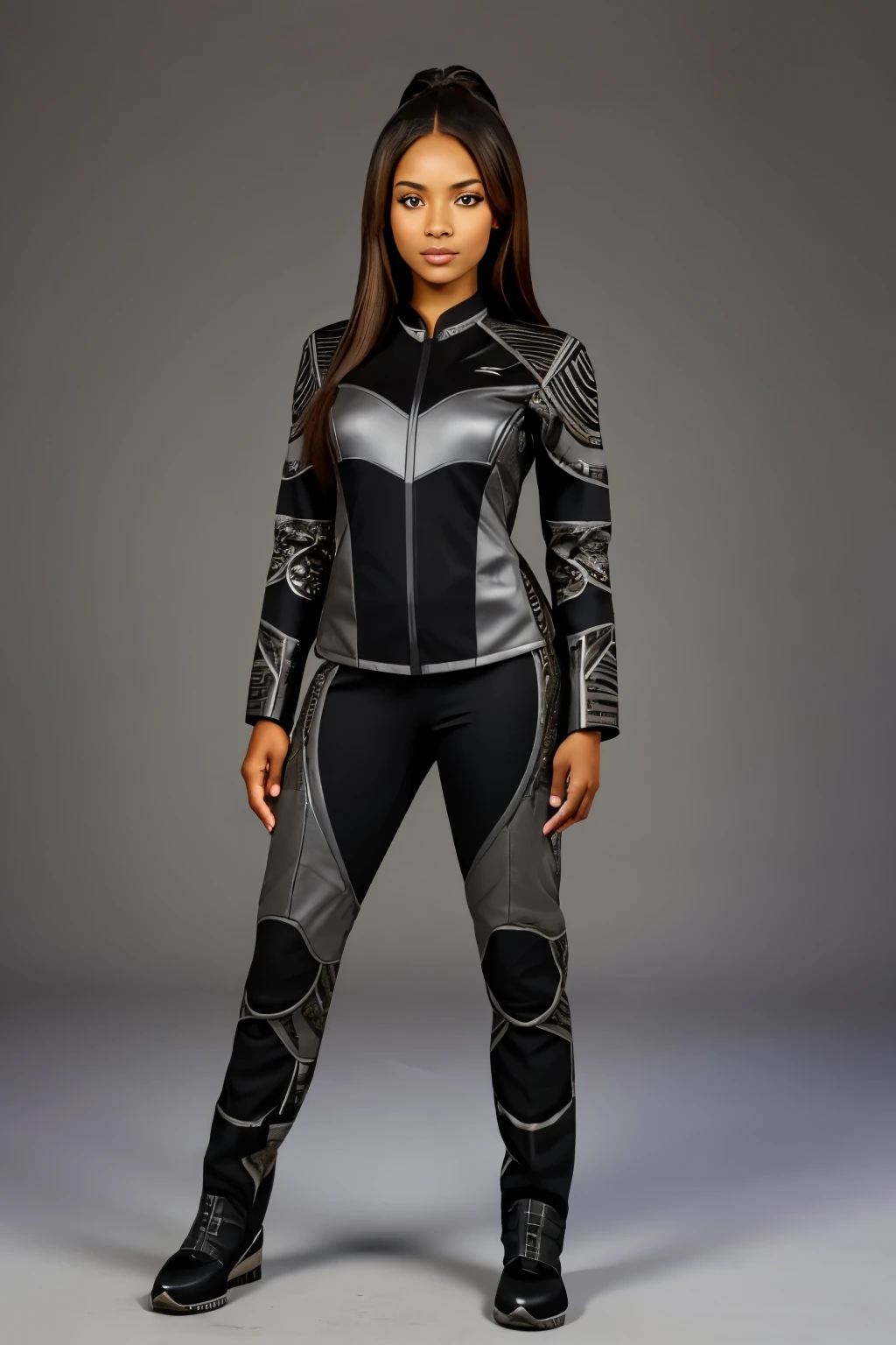 African American woman with long brown hair and grey eyes, wearing a black haori with silver web patterns and a fitted combat suit.