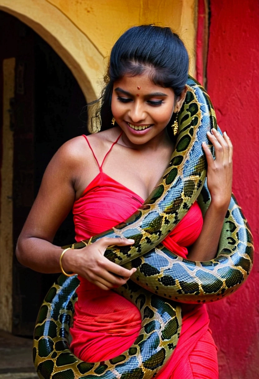 Happy Horny, aroused 1girl), beautiful Indian young teen girl with giant colossal Kaa monster squeezing her hard, wrapped in thick spiraling coils, constricted, struggle, gasping for air, snake attack, snake peril