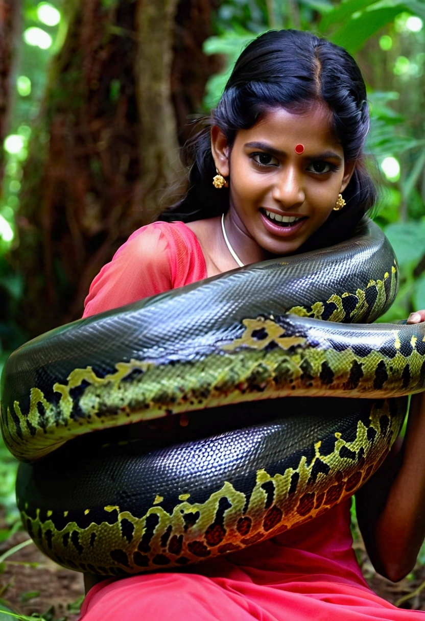 Happy Horny, aroused 1girl), beautiful Indian young teen girl with giant colossal Kaa monster squeezing her hard, wrapped in thick spiraling coils, constricted, struggle, gasping for air, snake attack, snake peril