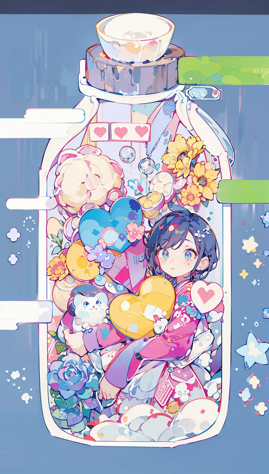 Q version,child,cute风格的颜色,Two boys,One is blonde hair,One has dark blue hair,In the bottle,chibi,flower,Rose,sunflower,Heart Shaped Gemstone,Q version,cute,Fresh colors,colourful,Hidden Color,8K,Correct human body,Detailed eye painting,illustration,Highest quality,Exquisite,Detailed face,Masterpiece,flat chest,Slim,young,16 years old,High-end,Hand Painted,Official Fanart,Visual novel,Anime style,Girly Romance,Produced by Anime Painter Studio,