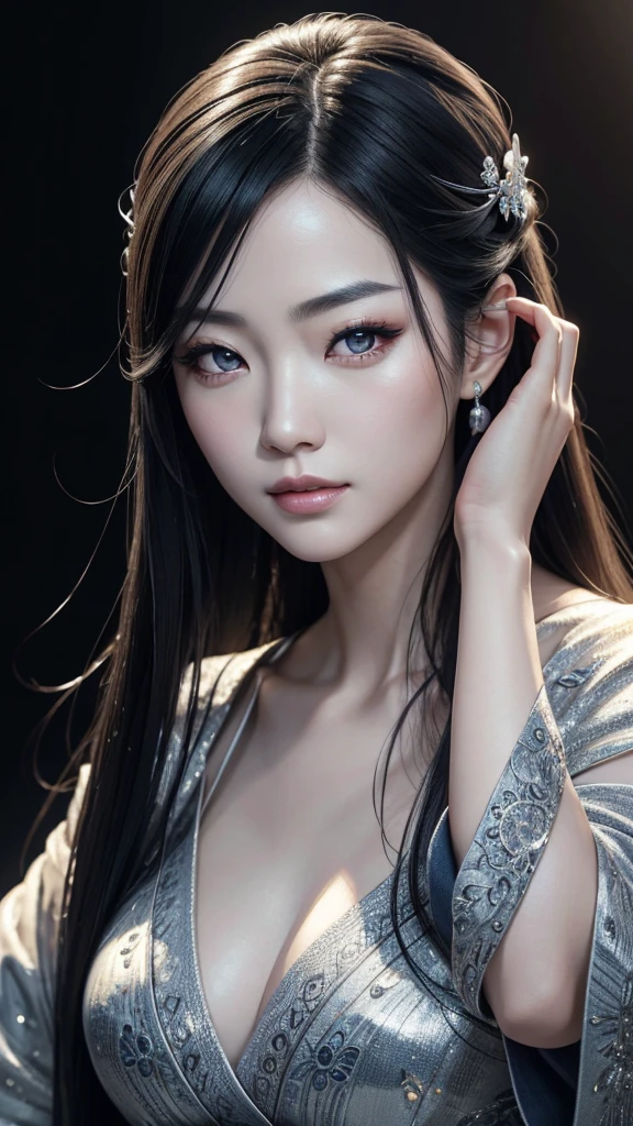 Photo of a Japanese, she is a woman of impressive beauty and unparalleled elegance, She has long black hair with a bluish shine, ((silver eyes)), has flawless pale skin, highly detailed and expressive face, (best quality,4k,8k,highres,masterpiece:1.2),ultra-detailed,(realistic,photorealistic,photo-realistic:1.37),portrait,concept art,dramatic lighting,vivid colors,intricate details, (Avoid deformed and poorly drawn eyes)