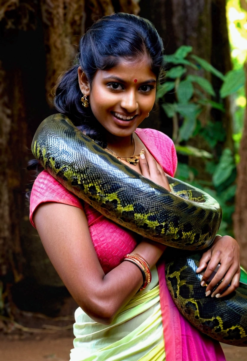  Topless  pink thong wearing aroused horny beautiful happy  Indian teen  vs  Giant black anaconda monster wrapped around her body squeezing her in coiled embrace cuddling and kissing  sexual erotic bestiality  sex  realistic in the rainforest full body, best quality wet 