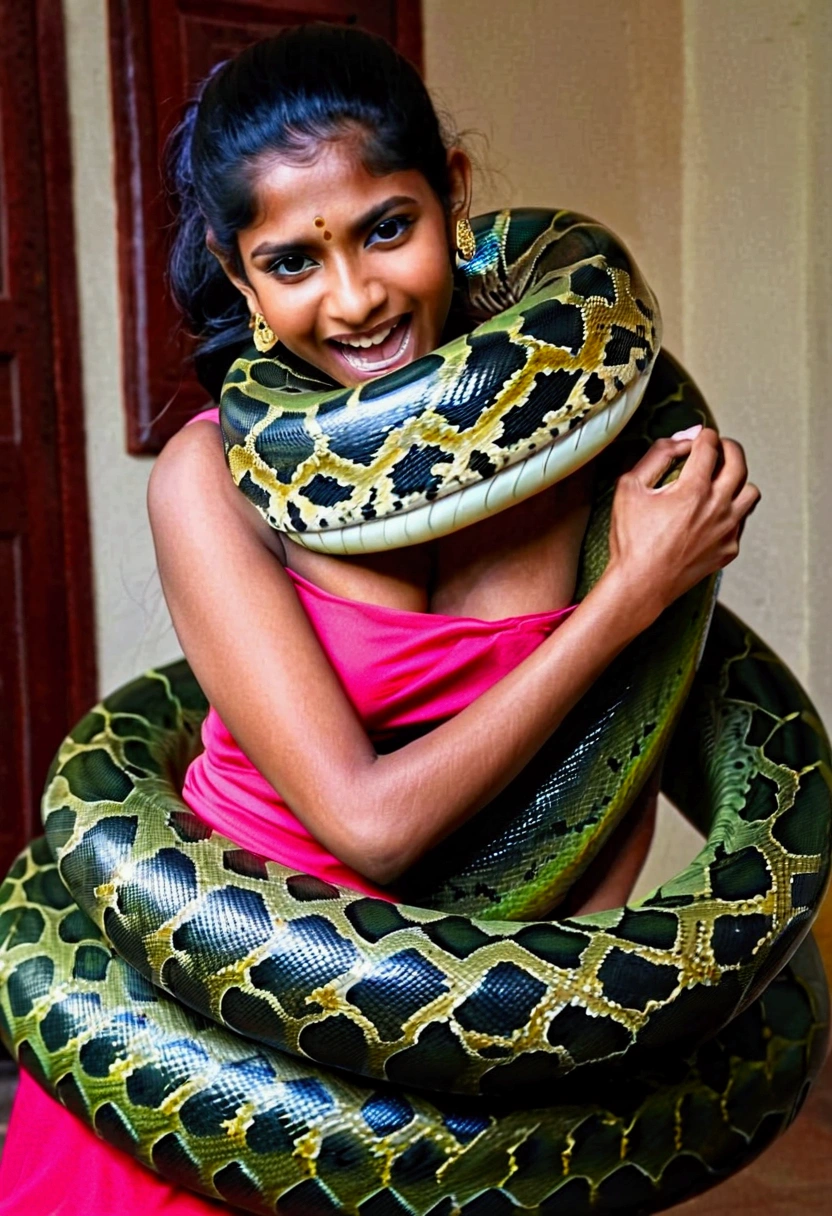 Happy Horny, aroused 1girl), beautiful Indian young girl with giant colossal Kaa monster squeezing her hard, wrapped in thick spiraling coils, constricted, struggle, gasping for air, snake attack, snake peril