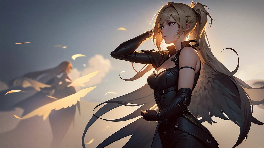 Mercy from Overwatch, angel wings on her back, messy hair blowing in wind, wearing black, wide stance, arms wide open, lighting and background is bright realistic style, with high attention to detail and sharp focus. The colors are vivid and contrasted, with a slight desaturation. The lighting is dramatic, with shadows and highlights enhancing the overall composition. The medium used is a digital illustration, with a touch of photo-realistic elements to add depth and texture to the image. The final result is a masterpiece in ultra-high resolution, showcasing the intense and raw nature of Mercy's character.