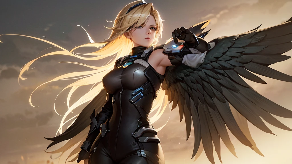 Mercy from Overwatch, angel wings on her back, messy hair blowing in wind, wearing black, wide stance, arms wide open, lighting and background is bright realistic style, with high attention to detail and sharp focus. The colors are vivid and contrasted, with a slight desaturation. The lighting is dramatic, with shadows and highlights enhancing the overall composition. The medium used is a digital illustration, with a touch of photo-realistic elements to add depth and texture to the image. The final result is a masterpiece in ultra-high resolution, showcasing the intense and raw nature of Mercy's character.