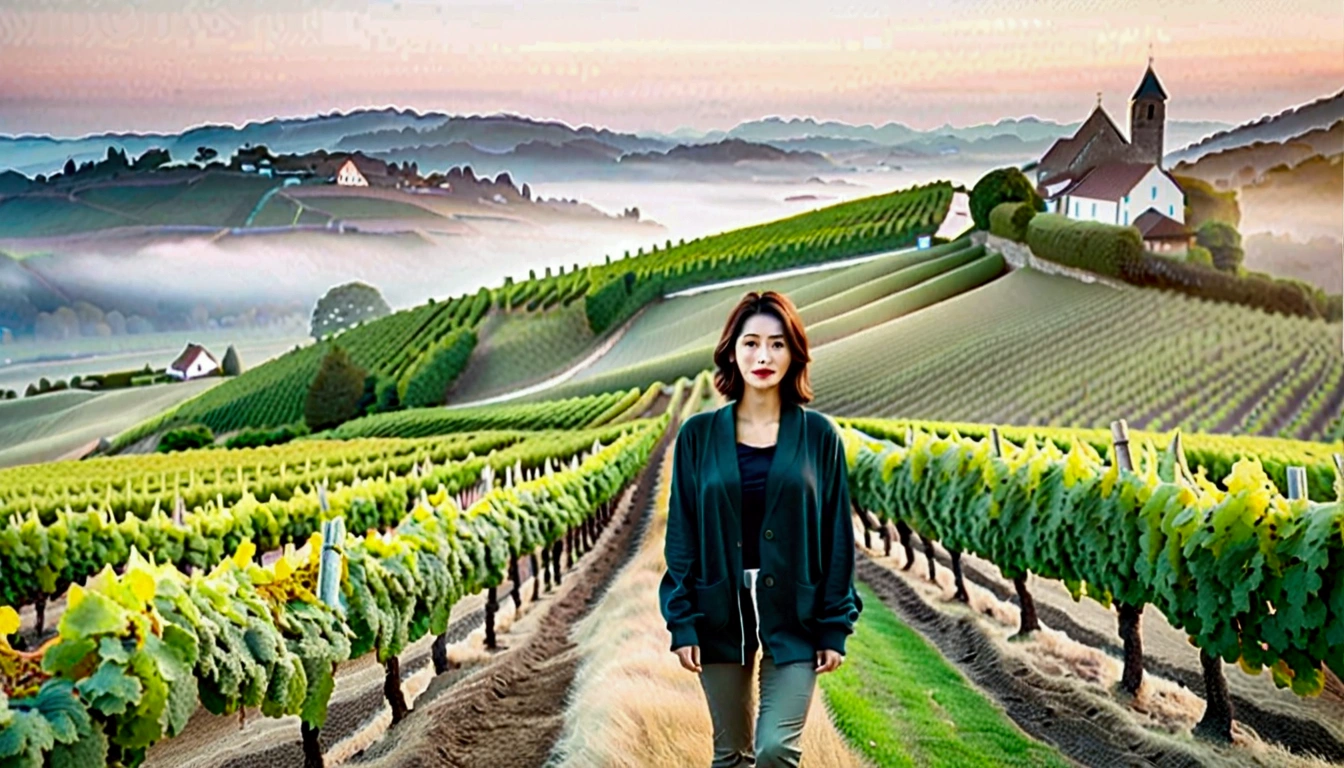 Woman in beautiful landscape 8K highest quality, Beautiful 36-year-old Korean woman, Chest size 34 inches, Passing through vineyards in the Swiss countryside, The cathedral is visible in the early morning fog., The back background is realistic and vivid quality., short medium hair, Casual and British - (summer jacket) ,Perfect and realistic photos, The background is realistic.. Full body shot with Canon camera 16-35 wide angle lens, expressionless, Walking down a vineyard hill covered in thick fog., Walking towards the front camera