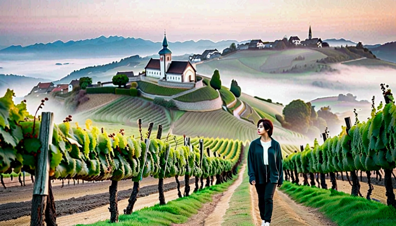 Woman in beautiful landscape 8K highest quality, Beautiful 36-year-old Korean woman, Chest size 34 inches, Passing through vineyards in the Swiss countryside, The cathedral is visible in the early morning fog., The back background is realistic and vivid quality., short medium hair, Casual and British - (summer jacket) ,Perfect and realistic photos, The background is realistic.. Full body shot with Canon camera 16-35 wide angle lens, expressionless, Walking down a vineyard hill covered in thick fog., Walking towards the front camera